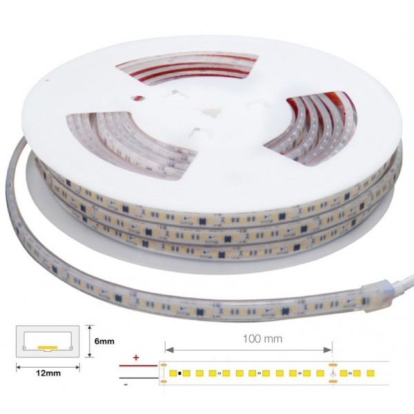 Tira LED 230V monocolor 15W/mt 120L/mt. SMD 2835 IP67 12x6mm corte cada 100mm, rollo 5mt x 7,20€/m